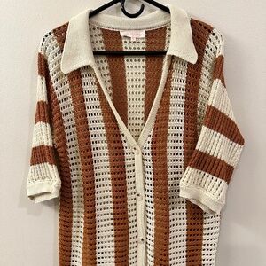 Rugby Style Short Sleeve Open Knit Cardigan XL
